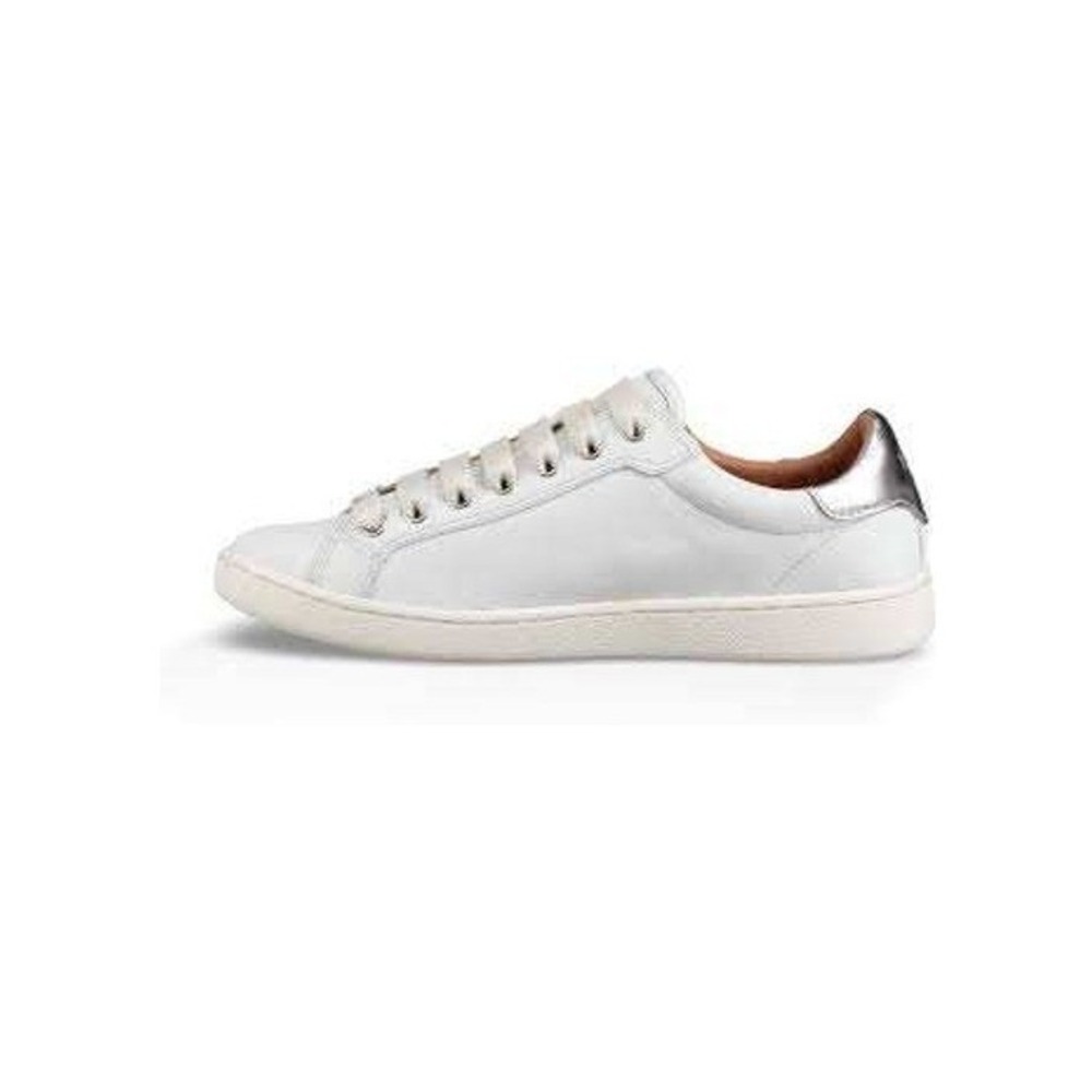 UGG Bren White Leather Low Top‎ Sneakers Metallic Silver Heel Tab 11